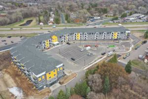Aerial view showing the Mounds View apartments